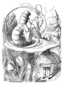 Drawing of the back an anthropomorphic caterpillar, seated on a toadstool amid grass and flowers, blowing smoke from a hookah; a blonde girl in an old-fashioned frock is standing on tiptoe to peer at the caterpillar over the toadstool's edge