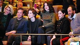 From left to right: Victoire Du Bois, Armie Hammer, Timothée Chalamet, Esther Garrel, Amira Casar, and Luca Guadagnino at the screening of Call Me by Your Name at the 2017 Berlin International Film Festival