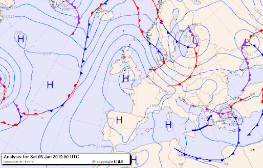 Europe with Highs (H) and Lows (L), map, January 5.