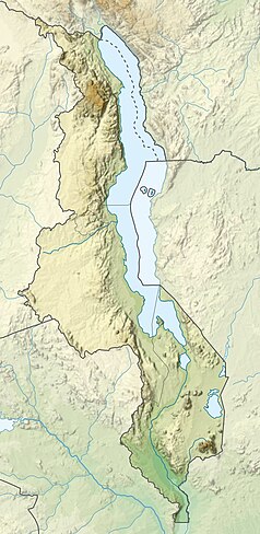 Mapa konturowa Malawi, blisko centrum u góry znajduje się owalna plamka nieco zaostrzona i wystająca na lewo w swoim dolnym rogu z opisem „Niasa”