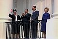 President and Mrs. Tito, President and Mrs. Nixon overlooking arrival ceremony on the South Lawn from the South Balcony of the White House, 1971