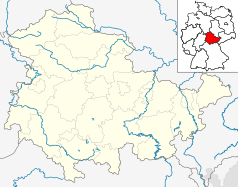 Mapa konturowa Turyngii, u góry nieco na lewo znajduje się punkt z opisem „Nordhausen”