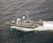 Aerial port beam view of USS Aquila (PHM-4) underway (US Navy)