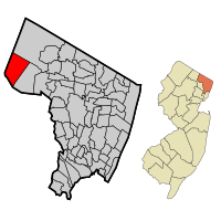 Location of Oakland in Bergen County highlighted in red (left). Inset map: Location of Bergen County in New Jersey highlighted in orange (right).
