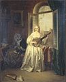 Interieur met vrouw en gitaar voor raam door Henriëtta Christina Temminck (1813-1886)