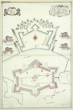 A map showing the lines of two star-fortresses and the buildning within them. The map has two explanatory cartouches at the top.