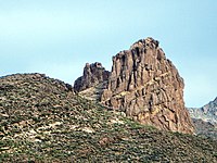 Miners Needle from Bluff Spring Trail. Note prominent bedding planes in the volcanics. (2010)