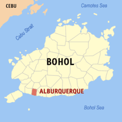 Mapa ng Bohol na nagpapakita sa lokasyon ng Alburquerque.