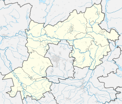 Mapa konturowa powiatu zielonogórskiego, na dole po lewej znajduje się punkt z opisem „Nowogród Bobrzański”