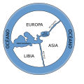 Antiguo mapa del mundo de acuerdo con Anaximandro (siglo VI a.C.). Sólo eran conocidas las partes de Europa, Asia y África adyacentes al Mediterráneo y al mar Negro. El río Phasis del Cáucaso se imagina como separación de Europa y Asia, mientras que el Nilo separa Asia de África (Libya).