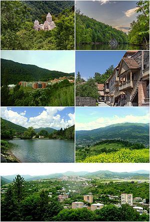 From top left: Haghartsin Monastery • Lake Parz UWC Dilijan • Sharambeyan street of old Dilijan Downtown Dilijan • Dilijan skyline Panoramic view of Dilijan