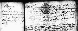 Détail de la planche 53 du registre des baptêmes, mariages et sépultures (1760 à 1792). Cote 5 Mi 22/1, Archives départementales des Alpes-Maritimes.