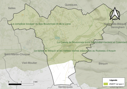 Carte des ZNIEFF de type 2 sur la commune.