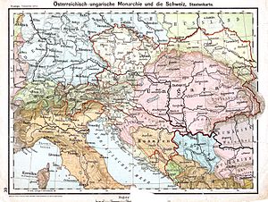 A map showing Austria-Hungary, northern Italy, and the northern Adriatic Sea. The internal divisions of Austria and Hungary are shown as well.