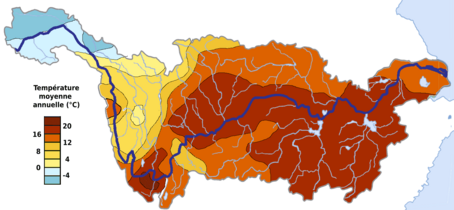 Températures annuelles moyennes sur le bassin versant du Yangtsé.