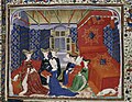 Lit à ciel suspendu, « fond[N 2] », « dosseret » et courtepointe garnis d'étoffe brodée, France, miniature, vers 1410.