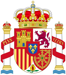 Βουρβόνοι-Ισπανίας: επάνω αριστερά ο θυρεός της Καστίλης, επάνω δεξιά της Λεόνης, κάτω αριστερά της Αραγωνίας, κάτω δεξιά της Ναβάρρας, κάτω το ρόδι είναι της Γρανάδας και στη μέση, επάνω από όλα, των Βουρβόνων-Ισπανίας