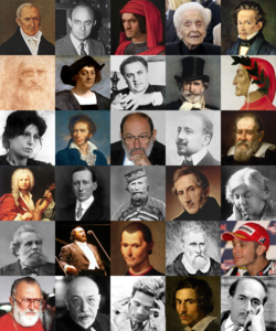 1. řada: Alessandro Volta, Enrico Fermi, Lorenzo I. Medicejský, Rita Levi-Montalcini, Giacomo Leopardi; 2. řada: Leonardo da Vinci, Kryštof Kolumbus, Federico Fellini, Giuseppe Verdi, Dante Alighieri; 3. řada: Anna Magnani, Ugo Foscolo, Umberto Eco, Gabriele D'Annunzio, Galileo Galilei; 4. řada: Antonio Vivaldi, Guglielmo Marconi, Giuseppe Garibaldi, Alessandro Manzoni, Italo Calvino; 5. řada: Giosuè Carducci, Luciano Pavarotti, Niccolò Machiavelli, Marco Polo, Valentino Rossi; 6. řada: Sergio Leone, Luigi Pirandello, Pier Paolo Pasolini, Gian Lorenzo Bernini, Salvatore Quasimodo.