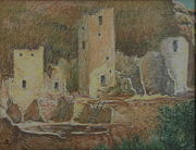 "Cliff Palace" by Mary Agnes Yerkes, 1973, pastel on canvas board.