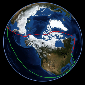 L'avantage du passage du Nord-Ouest : New York-Tokyo par le canal de Panama, 18 200 km, par le passage du Nord-Ouest 14 000 km. Le trajet dessiné en rouge représente l'option nord avec un passage au nord-est de l'île de Baffin, et au nord de l'île Somerset et de l'île Victoria.