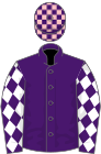 Purple, white diamonds on sleeves, purple and pink check cap