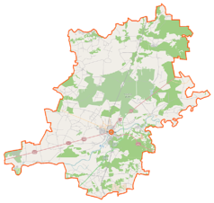 Mapa konturowa powiatu wyszkowskiego, blisko centrum na dole znajduje się punkt z opisem „Rybienko Stare”
