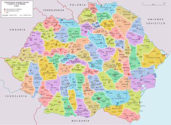 这张彩色地图显示了二战前的罗马尼亚领土和它71个县。
