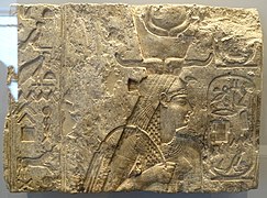 Temple Relief of Queen Arsinoe II, Egypt, Ptolemaic period, after 270 BC, limestone, ochre, charcoal, and Egyptian blue on chalk - Arthur M. Sackler Museum, Harvard University - DSC01456.jpg