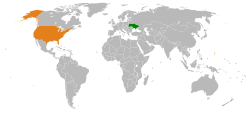 Map indicating locations of Ukraine and USA