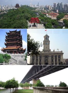 Een collage van Wuhan Van boven naar beneden en van links naar rechts: de skyline van Wuhan, de Huanghelou, het douanekantoor van Wuhan en de Wuhan-Yangtze-brug in Wuhan over de Jangtsekiang