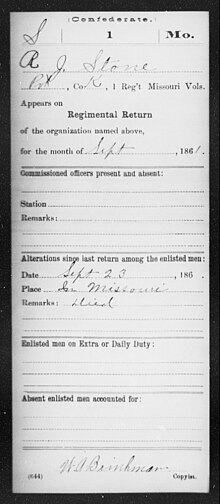 Thumbnail for File:(Missouri) Stone, R J - Age 23, Year- 1861 - First Infantry, R-V - DPLA - 23edf1eedd44f64e8161e6ddd6646e36 (page 4).jpg