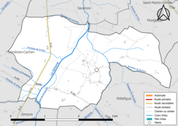 Carte en couleur présentant le réseau hydrographique de la commune