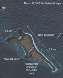 Satellite image of Bogoslof in 2015, before the 2016–2017 eruptions which significantly altered the island's appearance.