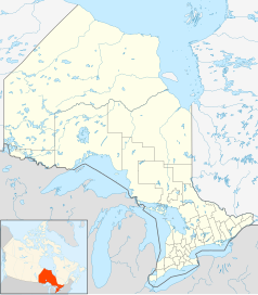 Mapa konturowa Ontario, na dole po prawej znajduje się punkt z opisem „Brampton”