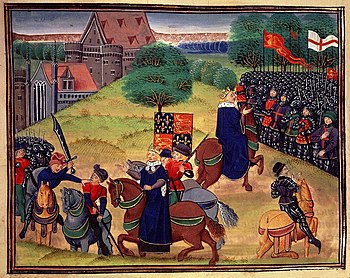 William Walworth tötet Wat Tyler, Richard II. sieht zu und spricht anschließend zu den Aufständischen. (Darstellung um 1390)