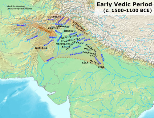 Verspreiding van de Vedische cultuur in de vroege Vedische periode, tijdens het ontstaan van de Rigveda (1500-1100 v.Chr.). De pijlen geven de richting van de latere verspreiding aan