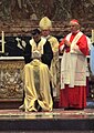 'O patriarca maronita Bechara Boutros Rahi miett 'e mane ncopp'â capa 'e mons. Malveastiti. Ditro 'o patriarca 'e cardinale Sandri e Müller. Romma 11 'e ottovre 2014.