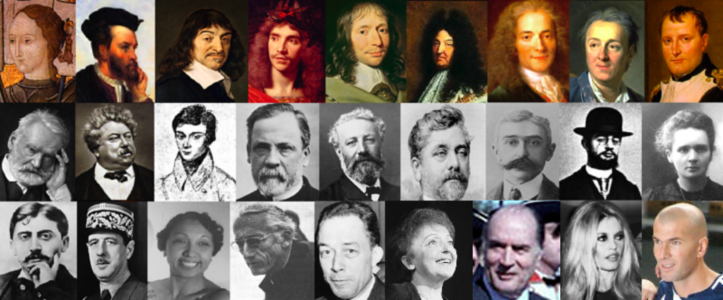 از چپ به راست: ژان دارک، ژاک کارتیه، دکارت، مولیر، پاسکال، لوئی چهاردهم، ولتر، دیدرو، ناپلئون