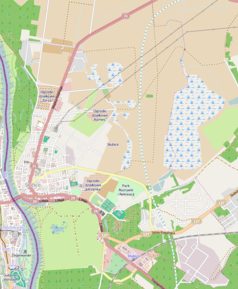 Mapa konturowa Słubic, na dole znajduje się punkt z opisem „Stadion SOSiR w Słubicach”