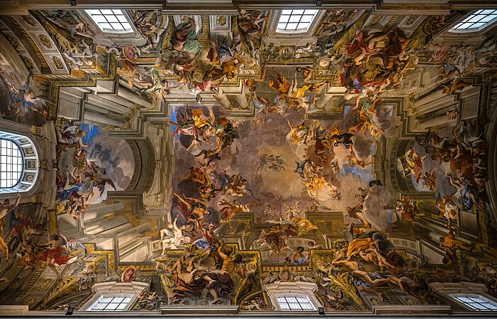 圖為安德烈亞·波佐所作的天花板濕壁畫《聖依納爵的凱旋》，位於意大利羅馬的聖依納爵堂。