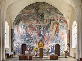 Trône de grâce, fresque de Martin Häusle (1947, église Saint-Léonard de Villach, en Autriche). (définition réelle 6 414 × 4 795)