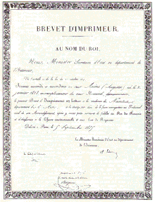 Brevet d'Imprimeur décerné à Auguste (Augustin) Arène