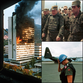 Zleva: 1. Budova výkonné rady hoří po zásahu z tanku v Sarajevu. 2. Květen 1992; Ratko Mladić s důstojníky VRS. 3. Norský voják UNPROFOR v Sarajevu