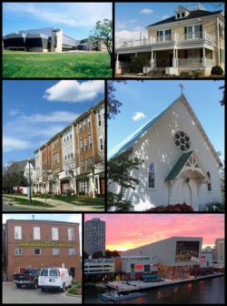 Top to bottom, left to right: the NIST Advanced Measurement Laboratory, the Gaithersburg city hall, a row of Gaithersburg townhouses, the Saint Rose of Lima Catholic Church, the John A. Belt Building, and the Washingtonian Waterfront