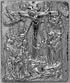 Deicidio. Crucifixión, Alemania, 1420-1440. Walters Art Museum, Baltimore. El texto junto a los dos personajes con sobreros presenta la inscripción "Si eres el Hijo de Dios, desciende de la cruz".