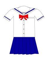 Dessin montrant un uniforme traditionnel d'écolière japonaise : robe, haut avec col marin et nœud sur le devant. Appelé Sailor Fuku, les personnages principaux, les guerrières Sailor, portent un costume inspiré de cet uniforme.