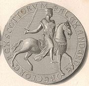 Reverse side of the circular seal used by Alexander the Second, showing the King, in full armour, seated on horseback. The upright Lion symbol is shown upon both the saddle and the shield held by the King.