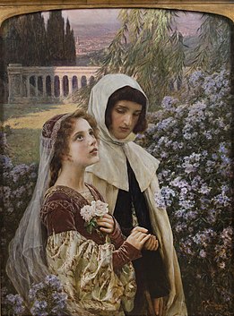 Dante ja Beatrice aias, 1903, Taphasest pärit maalikunstniku Cesare Saccaggi prerafaeliidi stiilis teos.