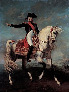 Napoléon tendant le bras, sur un cheval gris