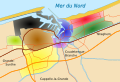 Barrios de Dunkerque - Dunkerque centre (Azul), Dunkerque Sud (morado), Malo-Les-Bains (rojo), Rosendaël (verde), Petite-Synthe (amarillo), Fort-Mardyck (verde claro), Saint-Pol-Sur-Mer (marrón), el puerto (negro).